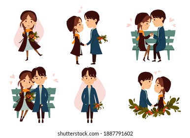 Valentine's day with love elements, people together, hearts, overlays, calligraphy, etc. Template for a set of stickers, congratulations, invitations, planners. Vector illustration