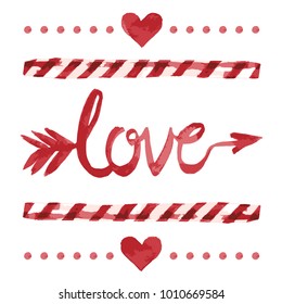 Valentine's day love elements set vector watercolor style illustrated in red ink