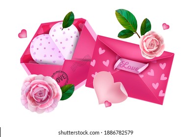 Valentines Day love envelopes flat lay illustration. Two pink heart-shaped letters, roses, leaves. Romantic holiday paper mail top view isolated on white with stamp. Valentines Day rear, front letters