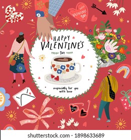 Valentine's Day! Love and February 14. Vector cute illustrations of man, woman, flowers, valentines, hands and letters. Drawings for a postcard, poster or card