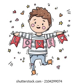 Valentine's Day! Love and February 14. Vector cute illustration of  man with a small flags. Drawings for a postcard, poster or card