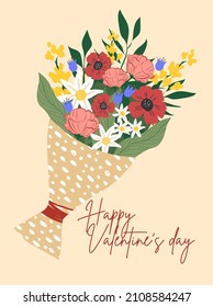 Valentine's Day! Love and February 14. Vector cute illustration of a bouquet of flowers. Drawings for a postcard, poster or greeting card