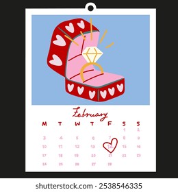 Valentinstag. Liebe Februar Kalender. Liebe Vorschlag Ehe Konzept, niedliche Valentine Geschenke. Verlobung goldener Ring in niedlichen roten Geschenkbox. Perfekt für die Darstellung von Liebe, Engagement und Ehe