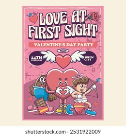 Valentinstag Liebe auf den ersten Blick Poster mit Amor Engel, Herz, Schokolade Charakter in Groovy Vintage Retro Cartoon Vektorgrafik