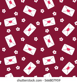 Valentine's Day love flowers chamomile envelope heart on burgundy background pattern seamless vector.
