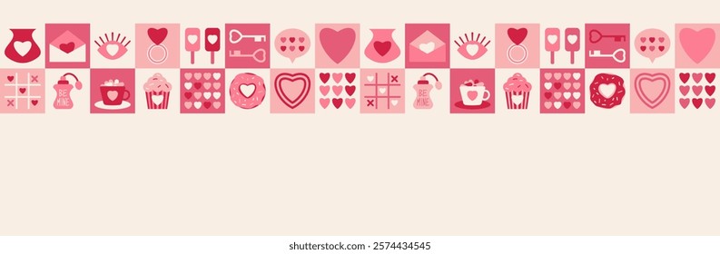 Valentine's day or Love geometric seamless border with copy space. Romantic simple shapes icons make mosaic endless decoration for sale, banner. print. Trendy minimalist cover design with text place