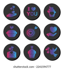 Conjunto de iconos de San Valentín y gradiente de amor. Ui ux.