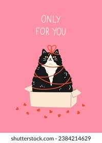 Valentine's Day and Love greeting card with funny cute cat. Feline pet sitting in gift box with ribbon. Vector flat design for celebration print. Hand drawn cartoon style.