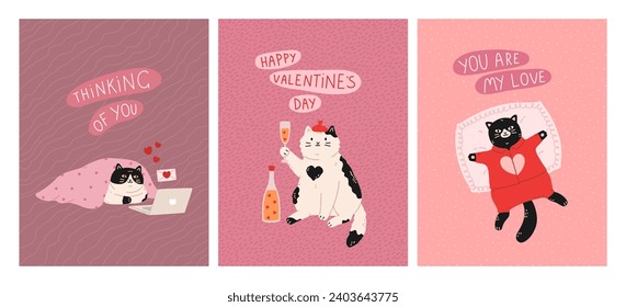 Día de San Valentín y tarjetas de felicitación de amor con gatos lindos. С en la almohada, escribe mensajes bajo la manta, celebra con champán. Concepto de vector plano para impresión de celebraciones, afiche, banner