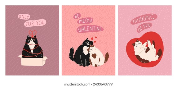 Valentine's Day and Love greeting cards with cute cats. Сat lying on heart pillow, kitten sitting in gift box, kitties sitting together. Flat vector concept for celebration print, poster, banner