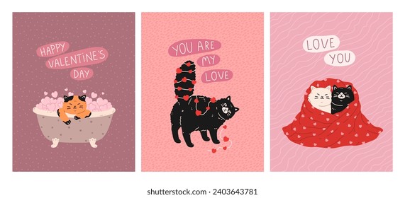 Día de San Valentín y tarjetas de felicitación de amor con gatos lindos. El gato se baña, el gatito decorado con guirnaldas cardíacas, gatitos cubiertos de manta. Concepto romántico vector plano para impresión de celebraciones, afiche