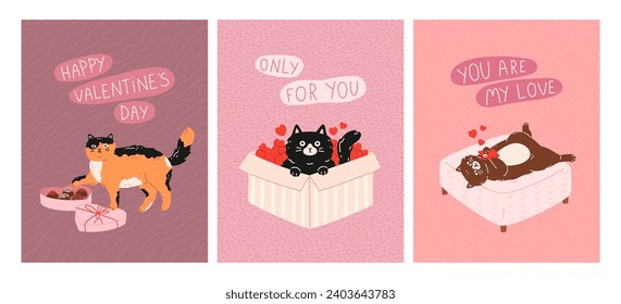 Día de San Valentín y tarjetas de felicitación de amor con gatos lindos. С en la cama, escribe mensajes encantadores, gatitos sentados en la caja de regalo, gato con chocolates de caja. Concepto de vector plano para impresión de celebraciones