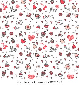 Valentines day and love hand drawn seamless pattern. Background with hearts, fruits, arrows, letters