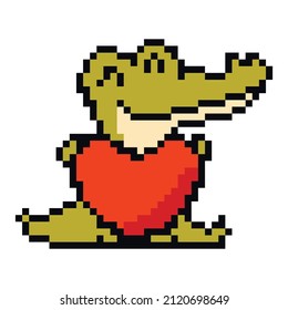 Valentine's Day. Love heart. Colorful simple pixel vector Illustration. Animal character alligator crocodile. Modern trendy print on t-shirt for adults and children. Digital crypto art. Greeting card