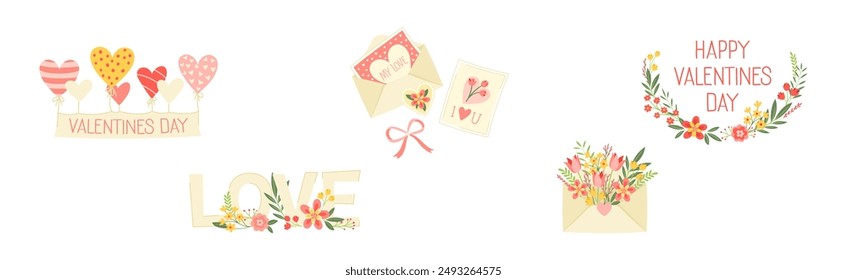 Valentine's Day with Love Heart and Flowers Vector Set