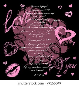 The valentine's day. Love heart. Hand-drawn icons, symbols.  Background letter pink