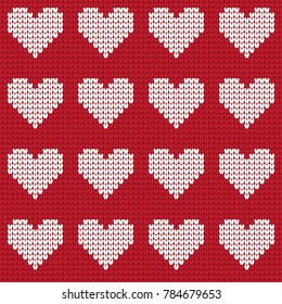 Valentines Day love heart knitted seamless pattern. Textures in red and white colors. Vector illustration.