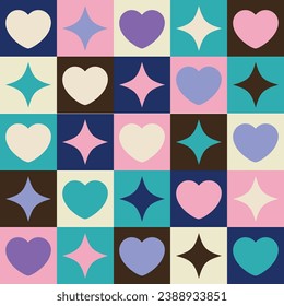 Valentine's day. love, heart and sparkling star, wrapping paper geometric pattern, pink and blue pattern, elements pattern. chess pattern design. Geometric shape for wrapping, background