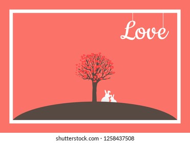 Valentine's day, of love with heart tree and Double rabbit on background color of the year 2019. illustration