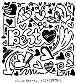Valentine's Day Love and Hearts Doodle Design Elements on white background.