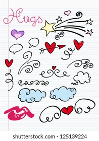 Valentine's Day Love & Hearts Sketchy Notebook Doodles Design Elements on Lined Sketchbook Paper Background- Vector Illustration