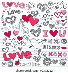 Valentine's Day Love & Hearts Sketchy Notebook Doodles Design Elements on Lined Sketchbook Paper Background- Vector Illustration