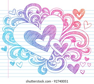 Valentine's Day Love & Hearts Sketchy Notebook Doodles Design Elements on Lined Sketchbook Paper Background- Vector Illustration