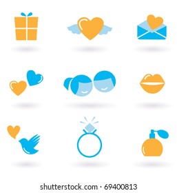 Valentine's day and Love icon collection - orange and blue. Vector
