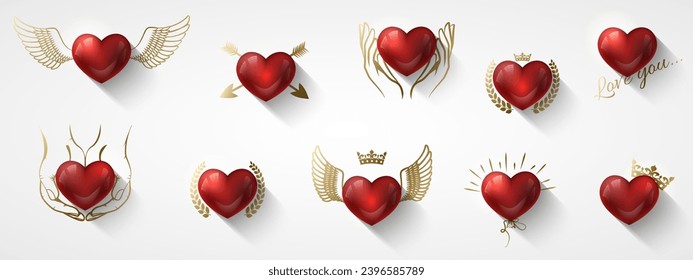 Valentine's Day love icons set. Glossy red 3d heart with golden decor. Greeting Card heart Patch with in gold wings, crown, arrow, wreath, hands hold. White background, romantic vector illustration