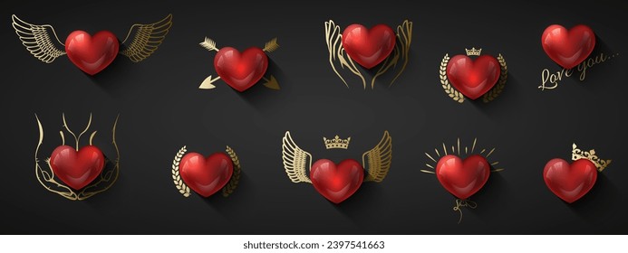 Valentine's Day love icons set. Glossy red 3d heart with golden decor. Greeting Card heart Patch with in gold wings, crown, arrow, wreath, hands hold. Black background, romantic vector illustration