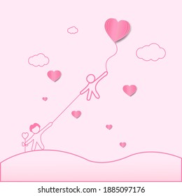 Valentines day love illustration red heart balloons flying on the mountains paper art style valentines heart balloon with a man on a pink background Vector love postcard for happy mother's day