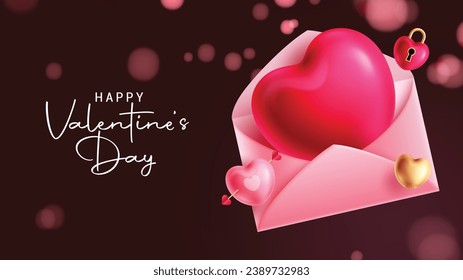 Valentine's day love letter card vector design. Happy valentine's day greeting card with envelope love letter and balloons elements in elegant background. Vector illustration hearts day invitation 