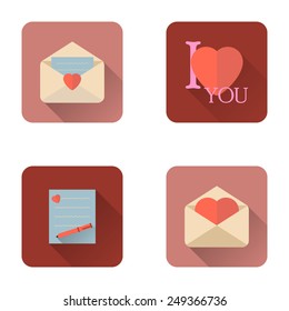 Valentines day love letter flat icons set with long shadow. Vector illustration