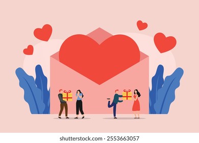 Valentine's Day Love Letter and Gift Exchange 2d flat vector illustrations