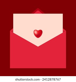 Valentines day love letter with heart in envelope on red background. Vector illustration.