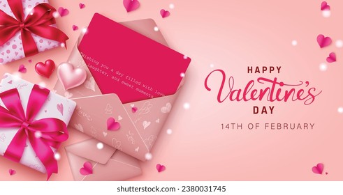 Valentine's day love letter vector design. Happy valentine's day text with love letter and gift box decoration elements in elegant background. Vector illustration hearts day invitation card. 
