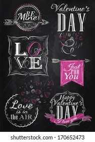 Valentine's day and love lettering collection stylized for the drawing with chalk and pink on chalkboard background.