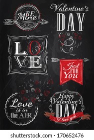 Valentine's day and love lettering collection stylized for the drawing with chalk on chalkboard background.