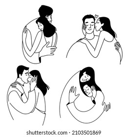 Valentines day love line illustration, minimalistic art, couple in love, hugs and kisses, line art, wedding logo