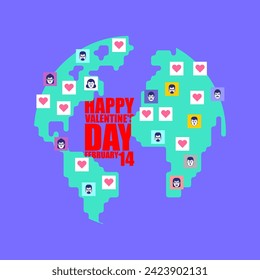 Valentine's Day love map. Peace in hearts. World love. World map and heart. Universal amour concept