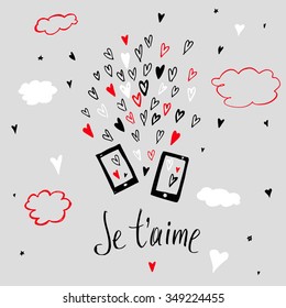 Valentine's Day love message phone.Je t'aime lettering. I love you. Vector typography. Social networks