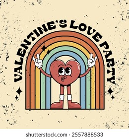 Valentine's day love party. Vintage retro cartoon groovy smiling heart mascot showing rock sign. Fashionable retro romantic mascot. Funny 70's comic style. Retro vintage valentine's day banner.