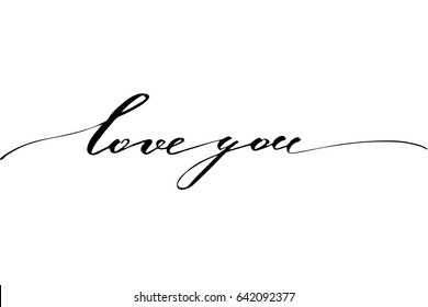 Valentines day love phrase Love you. Handwritten black text isolated on white background, vector. Each word is on the different layers