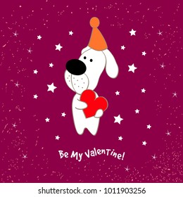 Valentine's day love postcard with hand drawn cartoon puppy on a maroon background. Funny character good for greeting cards,templates,gift paper,prints,decorations and templates. Vector illustration.
