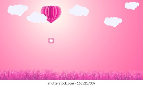 Valentine's day of love poster background with a pink balloon flying on the sky., paper art collage style., Vector EPS.10