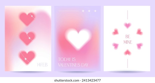 Valentine's day love posters design template set. Romantic cute pink event flyers for banners or mobile social posts with Holographic design, mesh blurry gradient hearts. Vector