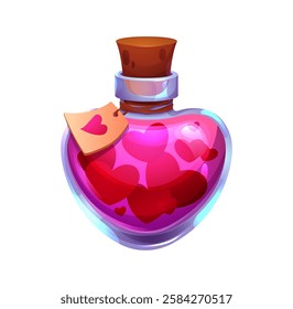 Valentines day love potion bottle. Cartoon witch brew, whimsical heart shaped glass flask with a corkwood stopper, filled with pink liquid, symbolizing love, magic and enchantment, fantasy and romance