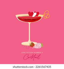 Valentines day love potion cocktail. Red alcohol drink. Romantic holiday beverage cute vector illustration isolated on pink background