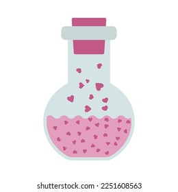 Valentine's day love potion elixir with hearts. Festive design element for the valentine holidays, events, discounts, and sales. Vector illustration.