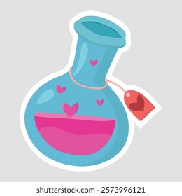 Valentine's Day Love Potion Sticker. Adorable vector illustration of a love potion in a flask with hearts, perfect for Valentine's Day. Ideal for greeting cards, invitations, and romantic designs